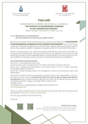 Đăng ký tham dự Hội thảo khoa học và kỹ thuật quốc tế lần thứ VIII “THE SOLUTION OF ENVIRONMENTAL PROBLEMS IN THE CONSTRUCTION INDUSTRY”