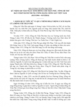 ĐỀ CƯƠNG TUYÊN TRUYỀN KỶ NIỆM 120 NĂM NGÀY SINH ĐỒNG CHÍ TRẦN PHÚ, TỔNG BÍ THƯ BAN CHẤP HÀNH TRUNG ƯƠNG ĐẢNG CỘNG SẢN VIỆT NAM (01/5/1904 – 01/5/2024)