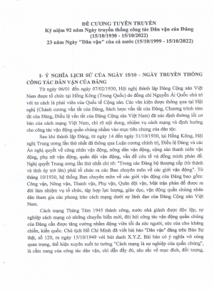 Đề cương tuyên truyền Kỷ niệm 92 năm Ngày truyền thống công tác Dân vận (15/10/1930 - 15/10/2022) của Đảng và 23 năm ngày "Dân vận" của cả nước (15/10/1999 - 15/10/2022)