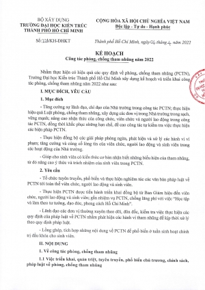 Kế hoạch số 221/KH-ĐHKT ngày 04/4/2022 của Trường Đại học Kiến trúc Thành phố Hồ Chí Minh về Công tác phòng, chống tham nhũng năm 2022