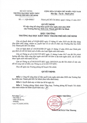Quyết định số 1196/QĐ-ĐHKT ngày 31/12/2021 về việc công bố công khai quyết toán ngân sách năm 2020 của Trường Đại học Kiến trúc Thành phố Hồ Chí Minh