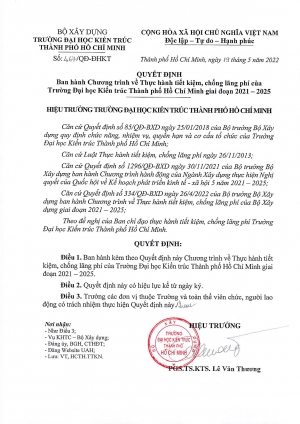 Quyết định số 467/QĐ-ĐHKT ngày 19/5/2022 về Ban hành Chương trình Thực hành tiết kiệm, chống lãng phí của Trường Đại học Kiến trúc Thành phố Hồ Chí Minh giai đoạn 2021 - 2025