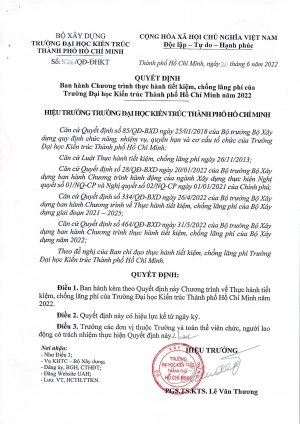 Quyết định số 526/QĐ-ĐHKT ngày 20/6/2022 về Ban hành Chương trình thực hành tiết kiệm, chống lãng phí của Trường Đại học Kiến trúc Thành phố Hồ Chí Minh năm 2022