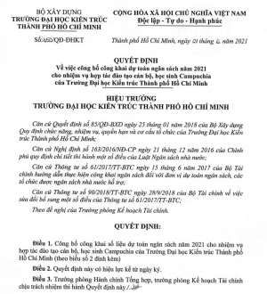 Quyết định về việc công bố công khai dự toán ngân sách năm 2021 cho nhiệm vụ hợp tác đào tạo cán bộ, học sinh Campuchia của Trường Đại học Kiến trúc Thành phố Hồ Chí Minh