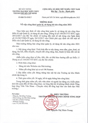 Thông báo số 122/TB-ĐHKT ngày 22/02/2022 về việc công khai quản lý, sử dụng tài sản công năm 2021