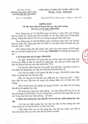 Thông báo số 239/TB-ĐHKT ngày 12/4/2022 về việc thực hiện kế hoạch đào tạo của nhà trường tại các cơ sở từ ngày 18/4/2022