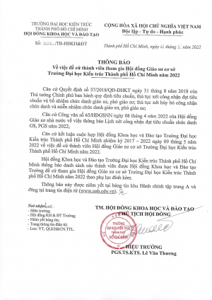 Thông báo số 307/TB-ĐHKT ngày 10/5/2021 về việc đề cử thành viên tham gia Hội đồng Giáo sư cơ sở Trường Đại học Kiến trúc Thành phố Hồ Chí Minh năm 2022