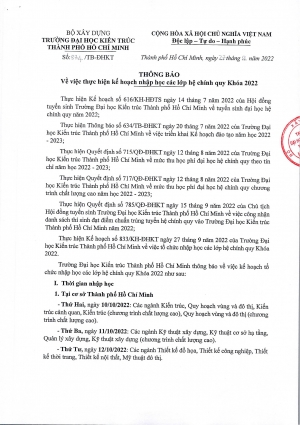 Thông báo số 834/TB-ĐHKT về việc thực hiện kế hoạch nhập học các lớp hệ chính quy Khóa 2022