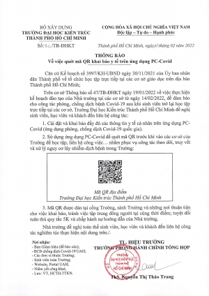 Thông báo số 84/TB-ĐHKT ngày 10/02/2022 về việc quét mã QR khai báo y tế trên ứng dụng PC-Covid