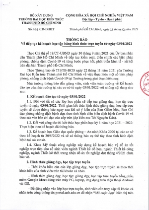 Thông báo số 878/TB-ĐHKT ngày 23/12/2021 về việc tiếp tục kế hoạch học tập bằng hình thức trực tuyến từ ngày 03/01/2022