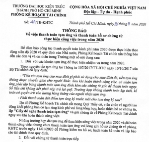 Thông báo về việc thanh toán tạm ứng và thanh toán hồ sơ chứng từ thực hiện công việc trong năm 2020