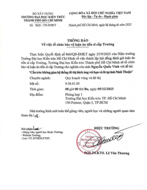 Thông báo về việc tổ chức bảo vệ luận án tiến sĩ cấp Trường ngày 05/12/2023