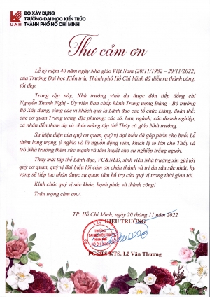 Thư cảm ơn của Trường Đại học Kiến trúc Thành phố Hồ Chí Minh về Lễ kỷ niệm 40 năm ngày Nhà giáo Việt Nam