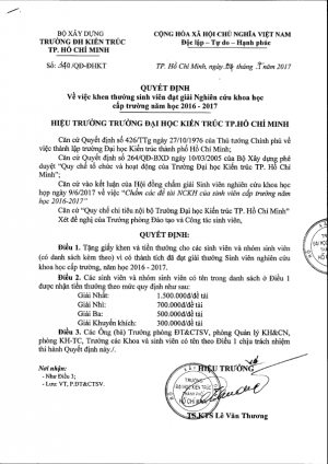 Quyết định khen thưởng sinh viên đạt giải Nghiên cứu khoa học cấp trường năm 2016-2017