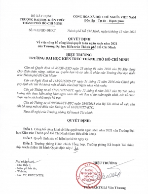 Quyết định số 1233/QĐ-ĐHKT về việc công bố công khai quyết toán ngân sách năm 2021 của Trường Đại học Kiến trúc Thành phố Hồ Chí Minh