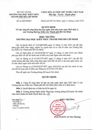 Quyết định số 206/QĐ-ĐHKT ngày 27/02/2023 về việc công bố công khai dự toán ngân sách nhà nước năm 2023 (đợt 1) của Trường Đại học Kiến trúc Thành phố Hồ Chí Minh