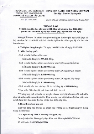 Thông báo số 13/TB-KHTC về thời gian thu học phí học kỳ III (Học kỳ hè) năm học 2022-2023 (Dành cho sinh viên hệ đại học chính quy, hệ vừa làm vừa học)