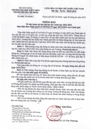 Thông báo số 168/TB-ĐHKT về việc hoàn trả học phí học kỳ I năm học 2022-2023 thực hiện theo Nghị quyết số 165/NQ-CP ngày 20/12/2022 của Chính phủ