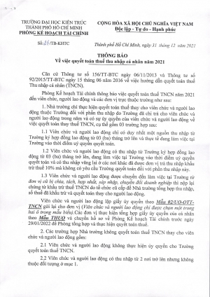 Thông báo số 26/TB-KHTC ngày 31/12/2021 của Phòng Kế hoạch Tài chính về việc quyết toán thuế thu nhập cá nhân năm 2021