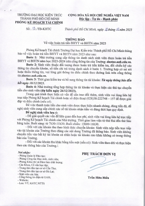 Thông báo số 43/TB-KHTC ngày 12/12/2023 của Phòng KHTC về việc hoàn trả tiền BHYT và BHTN năm 2023