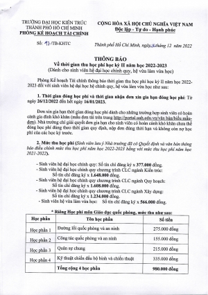 Thông báo số 47/TB-KHTC về thời gian thu học phí học kỳ II năm học 2022-2023