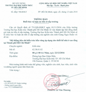 Thông báo buổi bảo vệ luận án tiến sĩ cấp Trường của NCS Giang Ngọc Huấn