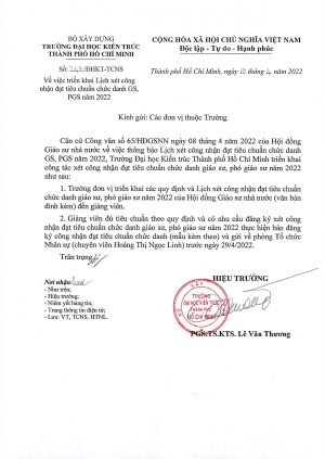 Công văn số 247/ĐHKT-TCNS ngày 19/4/2022 về việc triển khai Lịch xét công nhận đạt tiêu chuẩn chức danh GS, PGS năm 2022