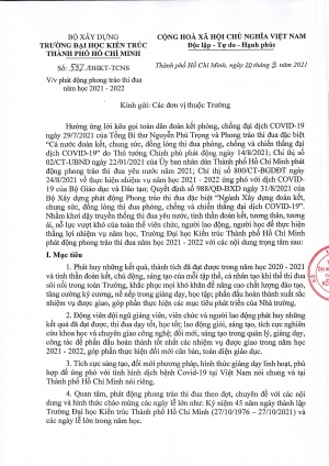 Công văn số 597/ĐHKT-TCNS ngày 20/9/2021 của Trường Đại học Kiến trúc Thành phố Hồ Chí Minh về việc phát động phong trào thi đua năm học 2021 - 2022