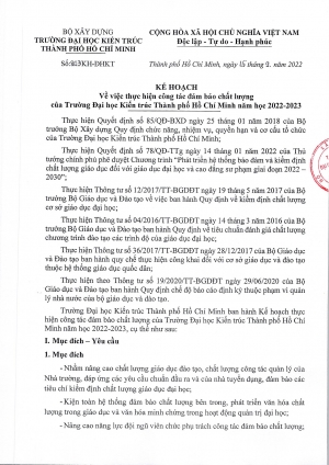 Kế hoạch số 803/KH-ĐHKT về việc thực hiện công tác đảm bảo chất lượng của Trường Đại học Kiến trúc thành phố Hồ Chí Minh năm học 2022-2023