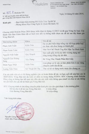 Kết quả tuyển chọn đề tài tham gia Vòng bán kết Holcim Prize 2014