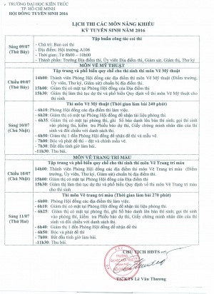 Lịch thi các môn năng khiếu tuyển sinh năm 2016