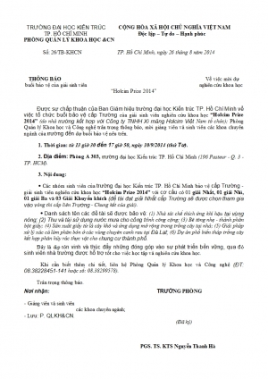 Mời dự buổi bảo vệ của giải sinh viên NCKH “Holcim Prize 2014”