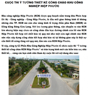 Mời tham dự cuộc thi "Ý tưởng Thiết kê cổng chào khu công nghiệp Hiệp Phước"