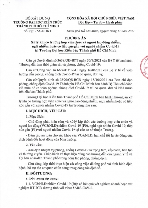 Phương án số 782/PA-ĐHKT ngày 26/11/2021 về việc xử lý khi có trường hợp viên chức và người lao động nhiễm, nghi nhiễm hoặc có tiếp xúc gần với người nhiễm Covid-19 tại Trường Đại học Kiến trúc Thành phố Hồ Chí Minh