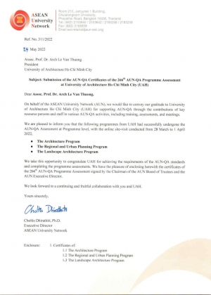 QUYẾT ĐỊNH CÔNG NHẬN ĐẠT CHUẨN AUN CỦA 3 NGÀNH KIẾN TRÚC, QUY HOẠCH VÙNG VÀ ĐÔ THỊ, KIẾN TRÚC CẢNH QUAN