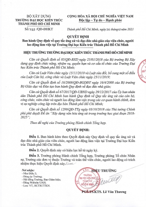 Quyết định số 789/QĐ-ĐHKT ngày 26/10/2021 về Ban hành quy định về quy tắc ứng xử và đạo đức nhà giáo của viên chức, người lao động làm việc tại Trường Đại học Kiến trúc Thành phố Hồ Chí Minh