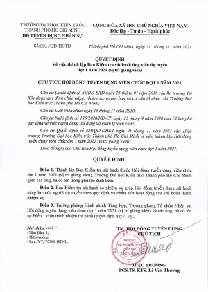 Quyết định số 950/QĐ-ĐHKT ngày 26/11/2021 về việc thành lập Ban kiểm tra sát hạch ứng viên dự tuyển đợt 1 năm 2021 (vị trí giảng viên)