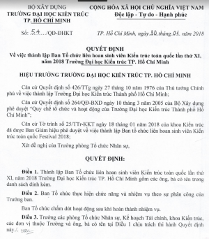 Quyết định thành lập Ban tổ chức và các Tiểu Ban Festival SV Kiến trúc toàn quốc 2018