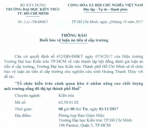 Thông báo buổi bảo vệ luận án tiến sĩ cấp Trường của NCS Hoàng Thanh Thủy