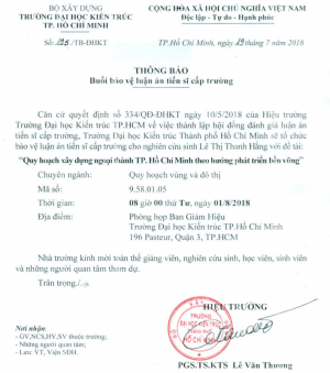 Thông báo buổi bảo vệ luận án tiến sĩ cấp Trường của NCS Lê Thị Thanh Hằng