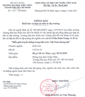 Thông báo buổi bảo vệ luận án tiến sĩ cấp Trường của NCS Lê Trần Xuân Trang