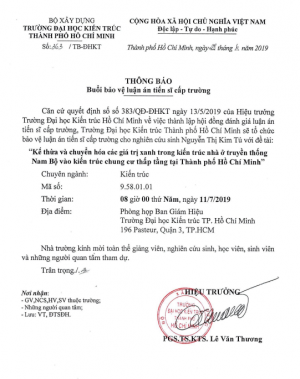 Thông báo buổi bảo vệ luận án tiến sĩ cấp Trường của NCS Nguyễn Thị Kim Tú