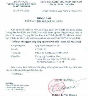 Thông báo buổi bảo vệ luận án tiến sĩ cấp Trường của NCS Trần Thị Việt Hà