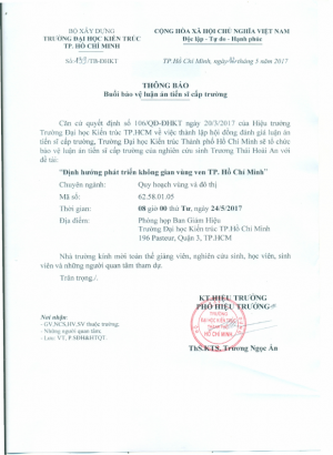 Thông báo buổi bảo vệ luận án tiến sĩ cấp Trường của NCS Trương Thái Hòa An