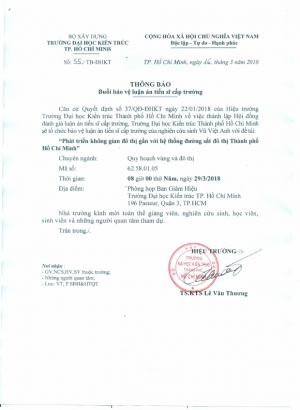 Thông báo buổi bảo vệ luận án tiến sĩ cấp trường của NCS Vũ Việt Anh