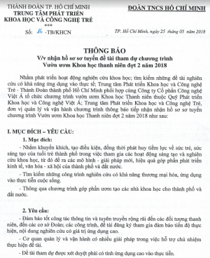 Thông báo đăng kí đề tài nghiên cứu khoa học đợt 2 năm 2018 - Vườn ươm KH Thanh niên