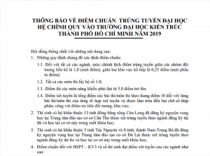 THÔNG BÁO ĐIỂM CHUẨN TRÚNG TUYỂN VÀO TRƯỜNG ĐẠI HỌC KIẾN TRÚC TP. HỒ CHÍ MINH NĂM 2019