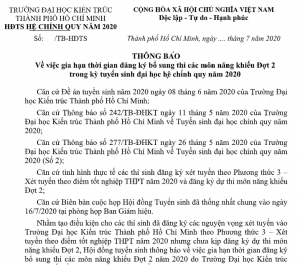 Thông báo gia hạn thời gian đăng ký bổ sung thi các môn năng khiếu Đợt 2 trong kỳ tuyển sinh đại học hệ chính quy năm 2020