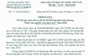 Thông báo kết quả sinh viên có đề tài NCKH đạt giải Giải thưởng “Sinh viên nghiên cứu khoa học” năm 2020