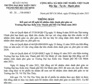 Thông báo kết quả xét đề nghị bổ nhiệm chức danh phó giáo sư Trường Đại học Kiến trúc Thành phố Hồ Chí Minh năm 2021